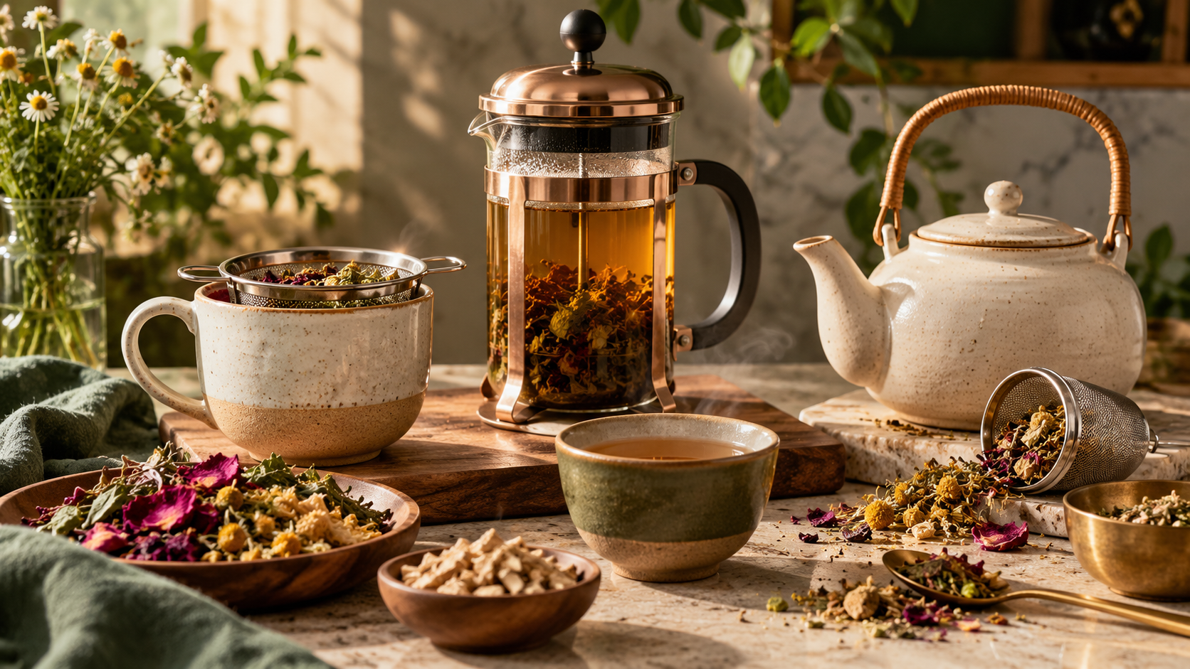 French press, basket infuser and teapot arranged for preparing loose-leaf herbal tea