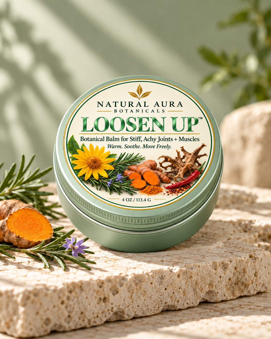 LOOSEN UP mint-green botanical balm on sunlit stone