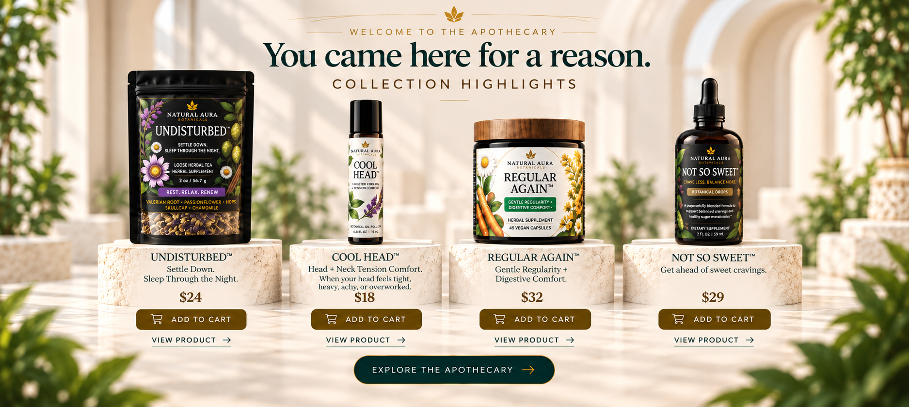 Natural Aura Botanicals Collection Highlights featuring Undisturbed, Cool Head, Regular Again, and Not So Sweet.