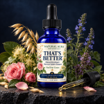 THAT’S BETTER alcohol-free calming botanical drops in a 2-ounce cobalt blue bottle