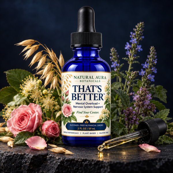 THAT’S BETTER alcohol-free calming botanical drops in a 2-ounce cobalt blue bottle