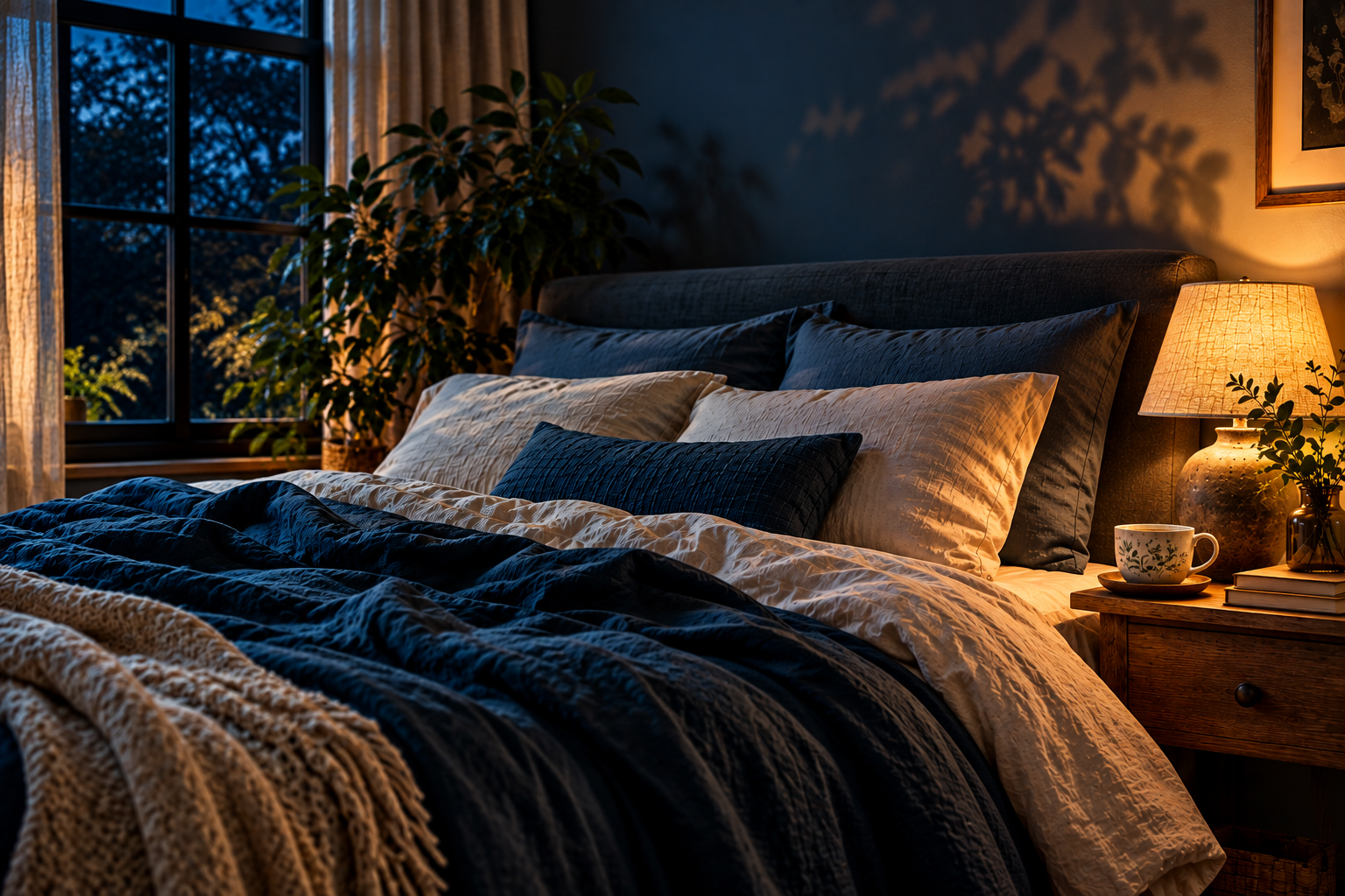 Atmospheric nighttime bedroom with botanical details and warm lamplight